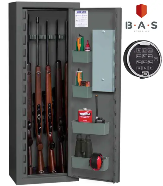 Grått Nor-Lyx vapenskåp med digitalt kodlås, förvaring för gevär, ammunition och jaktutrustning
