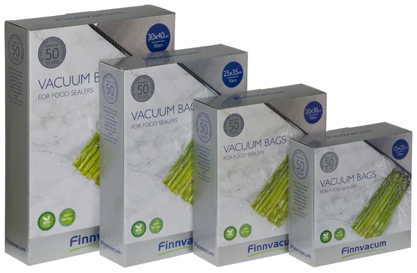 Finnvacum vacuum bags i flera storlekar för vakuumförpackning av livsmedel