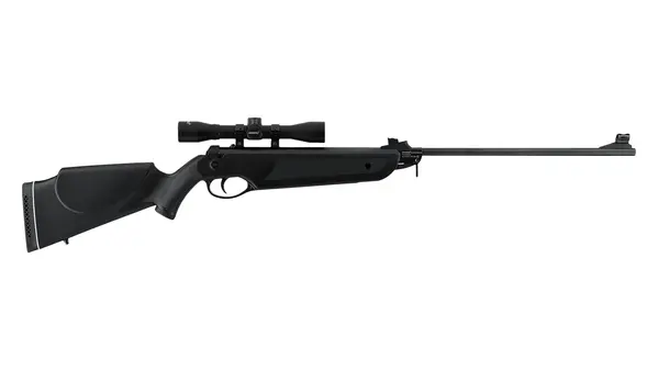 Svart luftgevär med monterat kikarsikte och syntetkolv för precisionsskytte