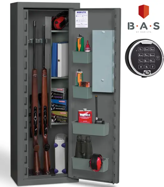 Grått Nor-Lyx vapenskåp med digitalt kodlås, plats för jaktgevär, ammunition och tillbehör