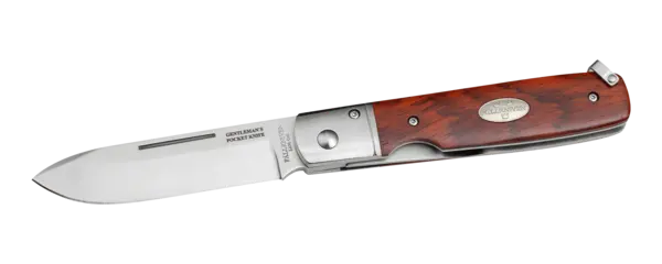 Fällkniv med trähandtag och låsbart rostfritt blad för jakt och friluftsliv